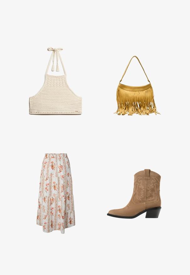 Top halter au crochet en blanc cassé, présentant un tissage ouvert et texturé, des liens réglables au cou avec des pompons, et un design ajusté et sans couture.; Jupe midi blanche avec ceinture élastique, design à volants et motifs floraux verticaux dans des tons orange, rose et vert.; Bottines western en daim marron avec un bout pointu, un design brodé et un petit talon noir empilé. Comprend des tirettes pour un enfilage facile.; Sac à bandoulière en cuir jaune avec bandoulière tressée et longs pampilles en franges suspendues le long du bord inférieur.