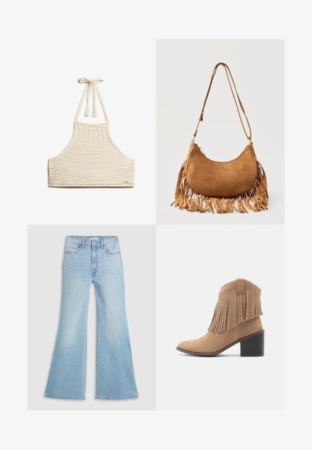 Gehaakte haltertop in off-white, met een gestructureerd open weefsel, verstelbare nekbanden met franjes en een fitted, naadloos ontwerp.; Lichtblauwe flared jeans met een hoge taille, gemaakt van denim. Kenmerkt zich door een klassiek vijf-pocket ontwerp en een raw hem aan de mouwen.; Beige suède enkellaars met een ronde neus en een bovenwerk met franjes. Voorzien van een blokhak van gemiddelde hoogte en een stevig ontwerp met een lusdetail aan de achterkant.; Bruine suède schoudertas in halvemaanvorm met lange riem en franjes langs de onderste randen tegen een witte achtergrond.