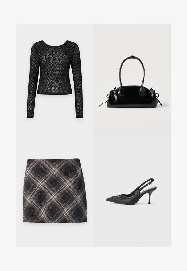 Haut noir à manches longues avec un design texturé à motif en chevron. Présente un col rond et une silhouette ajustée, fabriqué dans un matériau transparent.; Jupe mini à carreaux noir et beige avec un motif à checks diagonal, taille ajustée et texture de tissu lisse.; Escarpin en cuir noir à talon aiguille avec un bout pointu, une bride latérale à boucle, des clous le long du bord et un laçage décoratif à l'avant.; Petit sac à main noir brillant avec deux longues anses et des détails à cordon sur les côtés sur un fond clair uni.