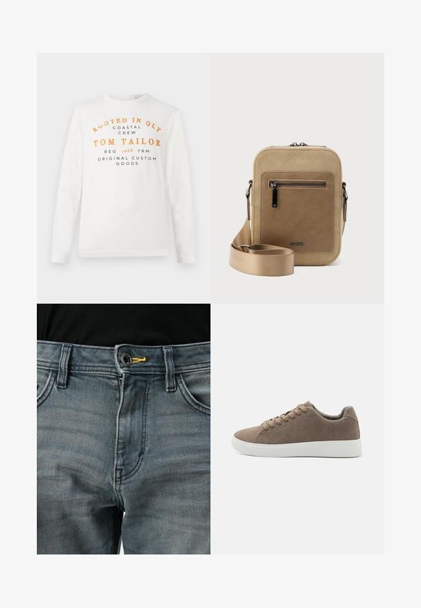 Hvid langærmet skjorte med orange og sort tekst, der læser "Rooted in QLY Coastal Crew Tom Tailor Reg 1962 TRM Original Custom Goods" på forsiden.; Falmede blå denimjeans med knappelukning, gul akcent ved taljen og klassisk fem-lomme design. Teksturen ser blød og brugt ud.; Brune ruskinds sneakers med flade hvide gummisåler, snørelukning, rund tå og en glat overflade. Minimalistisk stil med diskrete syninger.; Lille beige crossbody-taske med lynlåslomme foran, metal ALDO-logo, justerbar bred rem og rundet rektangulær form på hvid baggrund.