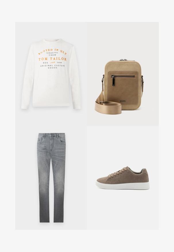 Hvid langærmet skjorte med orange og sort tekst, der læser "Rooted in QLY Coastal Crew Tom Tailor Reg 1962 TRM Original Custom Goods" på forsiden.; Grå denim jeans med et falmet design, fem-lommer stil, knaplukning og lige ben. Glat tekstur med let slid ved kanterne.; Brune ruskinds sneakers med flade hvide gummisåler, snørelukning, rund tå og en glat overflade. Minimalistisk stil med diskrete syninger.; Lille beige crossbody-taske med lynlåslomme foran, metal ALDO-logo, justerbar bred rem og rundet rektangulær form på hvid baggrund.