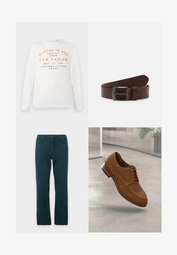 Hvid langærmet skjorte med orange og sort tekst, der læser "Rooted in QLY Coastal Crew Tom Tailor Reg 1962 TRM Original Custom Goods" på forsiden.; Mørk teal lige jeans med frontknap og lynlås, for- og baglommer, vist fladt på hvid baggrund.; Brune ruskinds dressko med rund tå, snøresystem og træhælt. Har en glat overflade og diskret syning.; Brun læderbælte med en glat tekstur, der har en buet spids og en rektangulær metalspænde i en mørk finish.