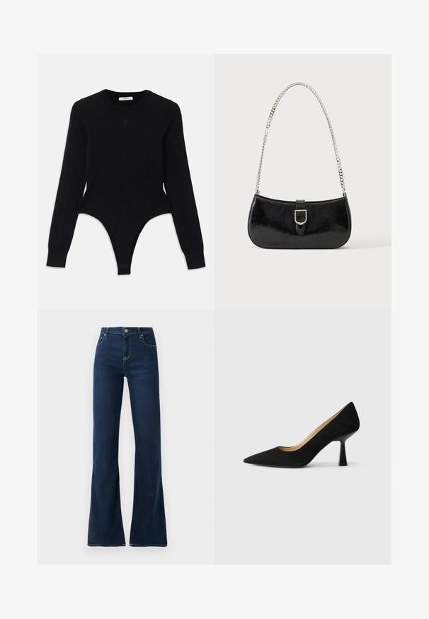 Zwarte lange mouwen body met een ronde halslijn, fitted ontwerp en een thong-stijl onderkant. Gemaakt van zachte, elastische stof voor comfort.; Donkerblauwe flared jeans met een hoge taille, gemaakt van denimstof. Bevat twee voorkruiken en contrasterende stiksels langs de naden.; Zwarte suède high-heeled pump met een spitse neus, voorzien van een glanzende zwarte blokhak en een gladde binnenvoering.; Zwarte lakleren schoudertas met een zilveren gespdetail en een zilveren kettingriem, getoond tegen een effen lichte achtergrond.