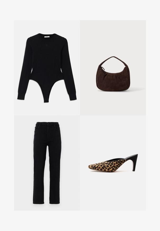 Bodysuit noir à manches longues avec un col rond, design ajusté et fond style thong. Fabriqué en tissu doux et élastique pour plus de confort.; Jeans en denim noir avec des jambes droites, une taille mi-haute et cinq poches. Comprend une fermeture à bouton à l'avant et des passants de ceinture.; Mule à bout pointu avec dessus imprimé léopard et talon stiletto noir de hauteur moyenne sur fond blanc uni.; Sac à main en daim marron foncé avec une courte sangle et une forme rectangulaire arrondie sur un fond uni clair.