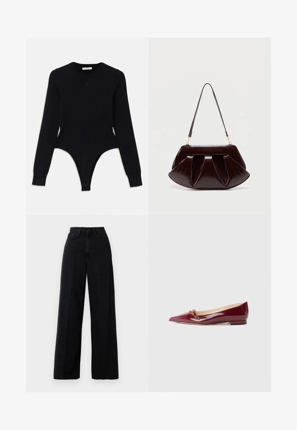 Sort langærmet bodysuit med rund halsudskæring, tætsiddende design og thong-lignende bund. Fremstillet af blødt, elastisk stof for komfort.; Sorte wide-leg jeans lavet af denim, med høj talje, forlommer og knaplukning. Stoffet har en glat tekstur.; Bordeaux patenteret læderballerinaer med spids tå, der har en lille udskæring og en lav hæl. Glat tekstur og elegant design.; Mørkebrun læderhåndtaske med opsamlede plisseringer, guldfarvet hardware og en enkelt skulderrem mod en enkel lys baggrund.