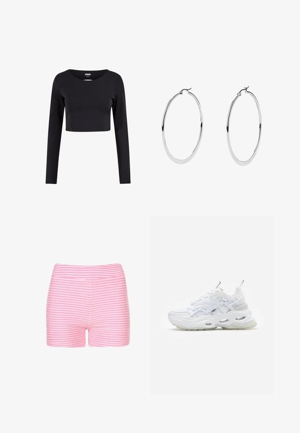 Zwart cropped top met lange mouwen van rekbare stof. Heeft een ronde halslijn en een aansluitende snit. Eenvoudig ontwerp zonder patronen of accenten.; Roze en witte gestreepte shorts van zachte stof. Heeft een getailleerd ontwerp en een soepele tailleband zonder aanvullende details of hardware.; Witte sneaker met een chunky zool, gelaagd mesh en synthetisch bovenwerk, voorzien van gemusterde accenten, vetersysteem en trekhaak.; Grote zilveren creolen met een gepolijste metalen afwerking, met een glad, circulair ontwerp en een veilige sluiting.
