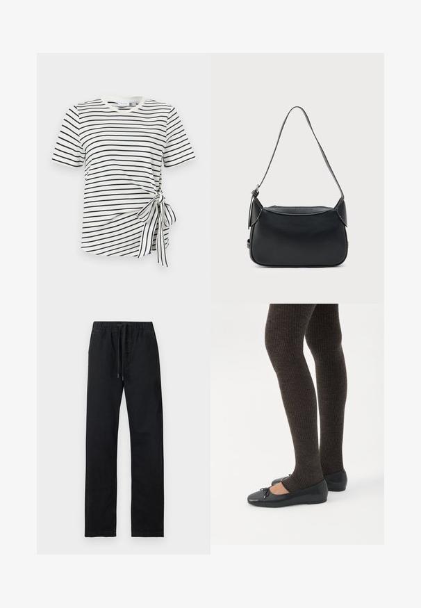 Chemise blanche à manches courtes avec des rayures horizontales noires et un détail de nœud noué sur le côté droit près de la taille.; Pantalon noir à jambes droites avec taille élastique et cordon noir, présenté à plat sur un fond blanc.; Jambes portant des leggings côtelés foncés associés à des ballerines noires avec de petits détails en nœud sur fond blanc.; Sac à bandoulière en cuir noir avec une texture lisse, une forme arrondie et une fine bandoulière. Il dispose d'une fermeture éclair et d'accents matériels minimalistes.