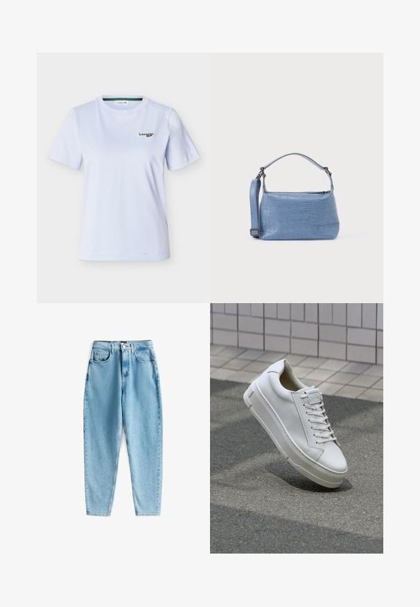 Hvid T-shirt med korte ærmer og rund halsudskæring samt lille grønt Lacoste-logo broderet på venstre bryst.; Lysblå højtaljede jeans lavet af denim med en let falmet finish. Har fem lommer og lukning med knap i taljen.; Hvide lædersneakers med lavt design, flade snører, rund tå og strukturerede sider. Tyk gummisål med diskrete detaljer.; Lyseblå taske med krokodillepræg, kort håndtag og aftagelig skulderrem. Glat tekstur med lynlås.