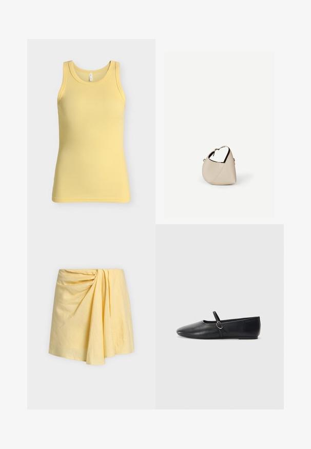 Débardeur côtelé jaune sans manches avec un col rond, présenté sur un fond gris clair uni.; Jupe mini jaune avec un détail froncé créant de doux plis sur le devant, en tissu léger.; Ballerines noires en cuir avec un bout pointu, une semelle plate et une petite sangle avec un détail de boucle en argent.; Sac à main en cuir beige en forme de croissant avec une seule bandoulière et des coutures minimalistes, posé sur un fond blanc uni.