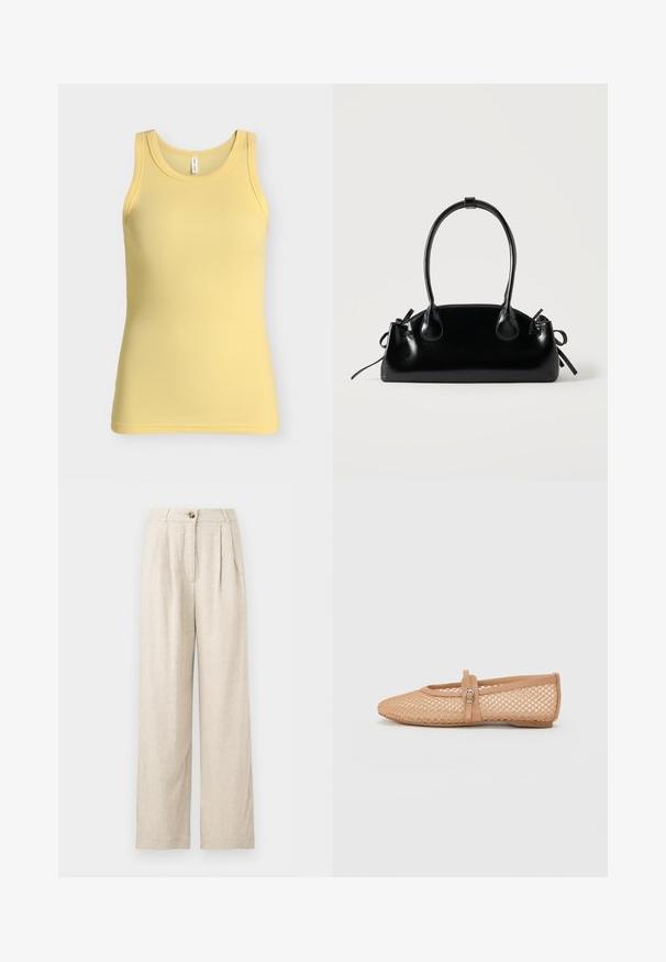 Débardeur côtelé jaune sans manches avec un col rond, présenté sur un fond gris clair uni.; Pantalon large en lin beige taille haute avec fermeture à boutons et plis à l'avant, conçu pour une coupe décontractée.; Ballerines en mesh nude avec un bout pointu, un talon fermé, et une sangle décorative avec une boucle sur le cou-de-pied. Surface texturée.; Petit sac à main noir brillant avec deux longues anses et des détails à cordon sur les côtés sur un fond clair uni.