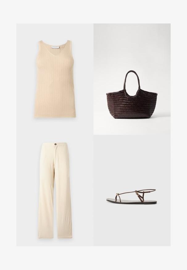 Ærmeløs beige ribstrikket top med V-hals og et "Tiger of Sweden" mærke i kraven mod en ensfarvet lys baggrund.; Beige, vidde bukser lavet af letvægtsstof. Har en frontknap-lukning og lige kanter. Glat tekstur med minimale syninger.; Brun lædersandal med tynde remme, en gylden cirkulær detalje og en flad sål. Minimalistisk design med en justerbar spændedetalje.; Vævet brun tote taske med en afrundet top og to håndtag. Har et struktureret mønster med en bred, åben struktur for nem adgang.