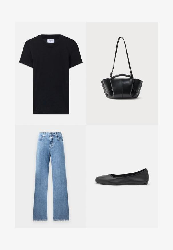 Zwarte katoenen T-shirt met een ronde hals, korte mouwen en een ontspannen pasvorm. Het label zegt "FILIPPA K" bij de hals.; Lichtblauwe denim jeans met een wijde pasvorm, vijf zakken, lussen voor een riem en een knoopsluiting. De stof heeft een gladde textuur.; Zwarte leren ballerina met een ronde neus, gladde textuur, minimale stikdetails en een flexibele zoolontwerp.; Zwarte leren handtas met een gebogen silhouet, geplooide zijkanten, gevlochten handvat en een lange dunne riem tegen een witte achtergrond.
