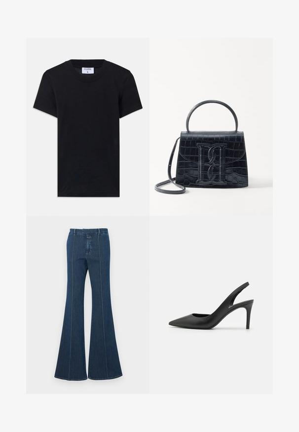 Camiseta de algodón negra con cuello redondo, mangas cortas y un corte relajado. La etiqueta dice "FILIPPA K" en el escote.; Pantalones de mezclilla acampanados en azul oscuro, con costuras estructuradas y un acabado limpio. Presenta una cinturilla de altura media y piernas anchas y fluidas.; Zapatos de tacón alto de cuero negro con diseño de punta afilada, que presentan un corte en la parte delantera y un delgado tacón de aguja.; Bolso de mano de cuero negro con estampado de cocodrilo, diseño estructurado, asa superior, correa ajustable y un destacado detalle del logotipo en la parte frontal.