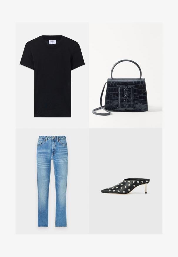 Camiseta de algodón negra con cuello redondo, mangas cortas y un corte relajado. La etiqueta dice "FILIPPA K" en el escote.; Jeans de denim azul claro con corte recto, que cuentan con bolsillos frontales, cierre de botón y un ligero desgaste en la tela.; STAND STUDIO KELSEY - Mules de tacón - black; Bolso de mano de cuero negro con estampado de cocodrilo, diseño estructurado, asa superior, correa ajustable y un destacado detalle del logotipo en la parte frontal.