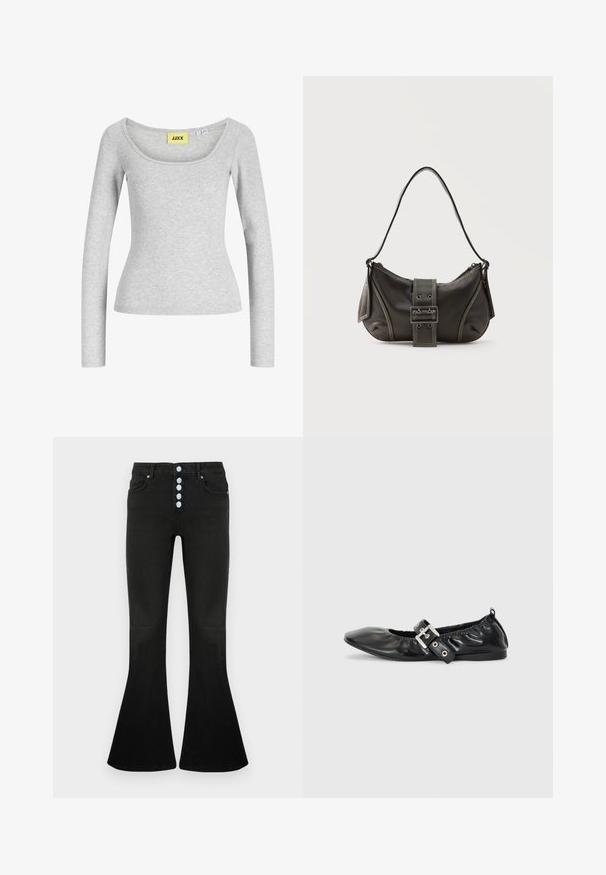 Haut gris clair à manches longues, ajusté, avec un large col en forme de scoop et une étiquette de marque jaune "JJXX" cousue à l'intérieur du col.; Jean évasé noir taille haute, braguette à cinq boutons, texture en denim doux et détails de coutures discrètes sur les poches et les coutures.; Chaussure plate en cuir noir avec un nez pointu, des détails froncés autour de l'ouverture et un accent en boucle argentée sur la bride ajustable.; Sac à épaule en cuir noir avec une sangle à boucle, des bords arrondis et des coutures blanches contrastées sur un fond uni.