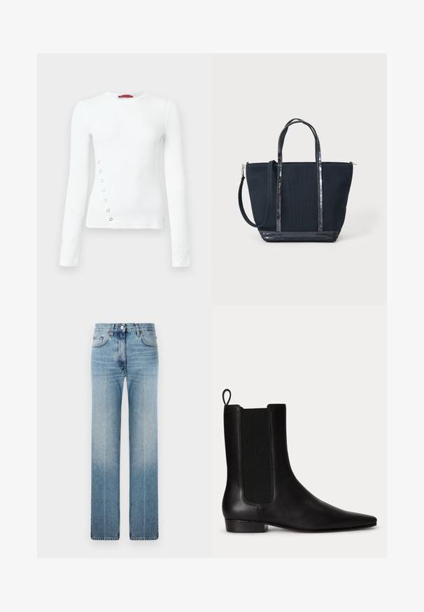 Hvid langærmet skjorte med ribbet struktur, med sølvfarvede huller langs venstre side og rundet halsudskæring.; Lysblå lige ben jeans lavet af denim, med subtil falmning, klassisk fem-lomme design og en metalknaplukning i taljen.; Sort læderankelstøvle med elastisk sidel panel, trækstrop bagpå, lav hæl og spids tå.; Marineblå canvas tote bag med to korte håndtag og en aftagelig skulderrem. Indeholder glinsende sølvdetaljer og en lynlåslukning i toppen.