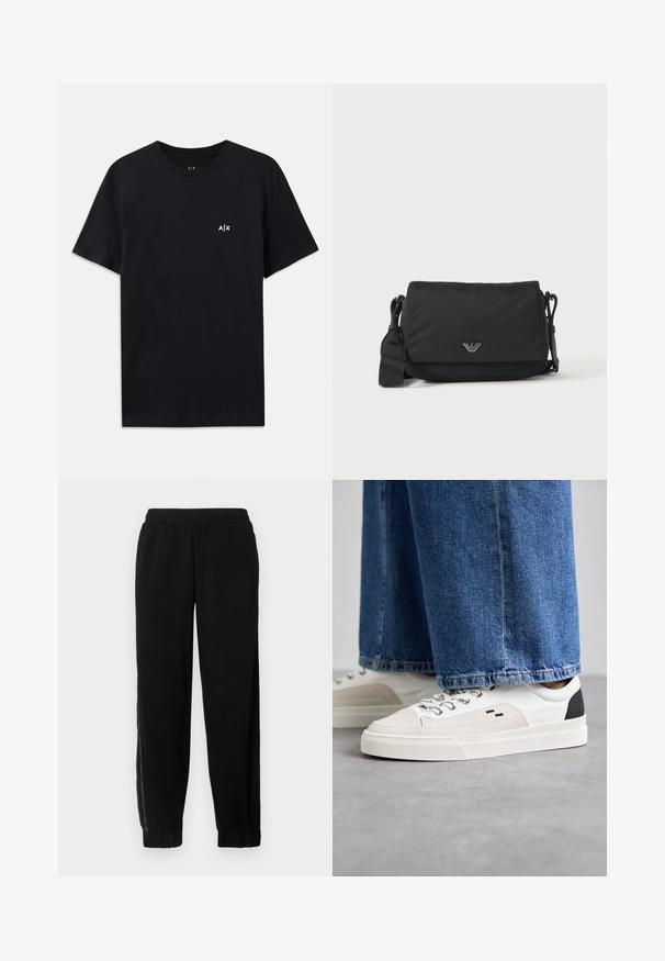 Sort bomulds T-shirt med korte ærmer og rund hals, med et lille hvidt "A|X" logo på venstre brystområde. Glat tekstur.; Sorte joggingbukser lavet af blødt stof, med elastisk talje, afsluttede benkant og sidenetpaneler for ekstra ventilation.; Hvide og sorte sneakers med en glat læderoverdel, teksturerede detaljer og en kraftig hvid sål. Har et klassisk snørebåndsdesign.; Sort crossbody taske med justerbar rem og lille sølv logoemblem på frontklap, vist på ensartet lyst baggrund.