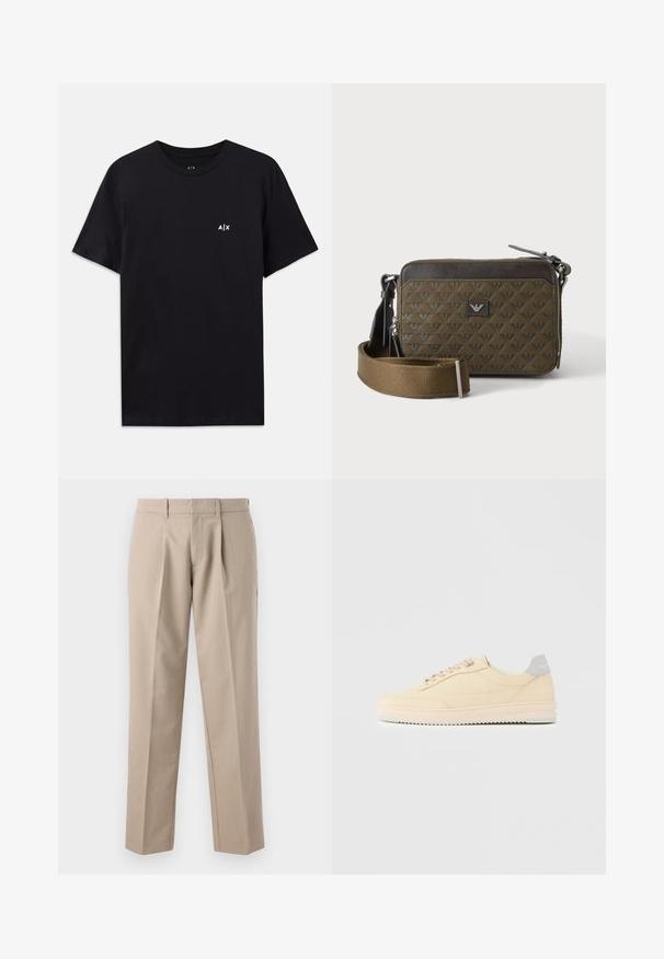 Zwart katoenen t-shirt met korte mouwen, ronde hals, met een klein wit "A|X" logo op de linkerkant van de borst. Glad textuur.; Beige, op maat gemaakte broek met riemlussen, voorplooien en rechte pijpen, weergegeven tegen een witte achtergrond.; Beige lage sneaker met veters aan de voorkant, lichtroze zool en een grijze hieltab met het merk "Filling Pieces", zijaanzicht op een effen achtergrond.; Kleine rechthoekige bruine crossbodytas met patroonstructuur, frontlogo-patch, ritssluiting en brede verstelbare riem.
