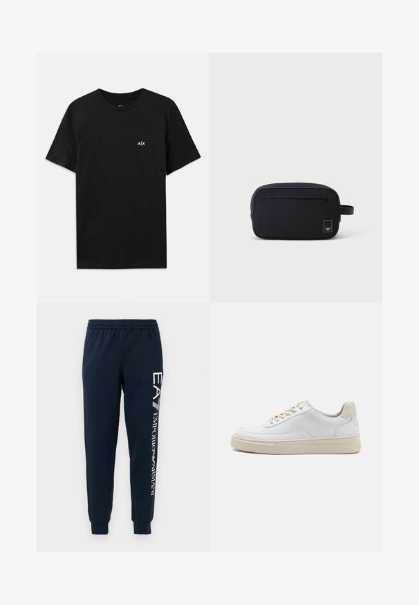 Zwart katoenen t-shirt met korte mouwen, ronde hals, met een klein wit "A|X" logo op de linkerkant van de borst. Glad textuur.; Marine joggers met een elastische tailleband, omgeslagen enkels en witte geprinte branding langs het linkerbeen. Zacht, matte stoffen textuur.; Witte sneaker met een gevoerd leren bovenwerk, beige veters en een gestructureerde beige suede hieltab. Verhoogde zool voor extra hoogte.; Zwarte rechthoekige toilettas met voorvak met rits en klein logoplaatje, met een zijhandvat.