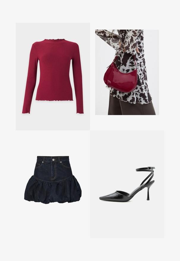 Langemouwen geribde gebreide top in donkerrood met een hoge gerimpelde halslijn en gerimpelde randen bij de manchetten en zoom.; Donkerdenimrok met een getailleerde taille en een verzamelde, puffy geplooide onderkant. Voorzien van voorzakken en een metalen knoopsluiting.; Zwarte pumps met puntige neus, dunne enkelbandjes en een zilveren gesp op een effen lichte achtergrond.; Vrouw met een zwart-wit gebloemde blouse houdt een glanzende rode schoudertas vast tegen een effen achtergrond.
