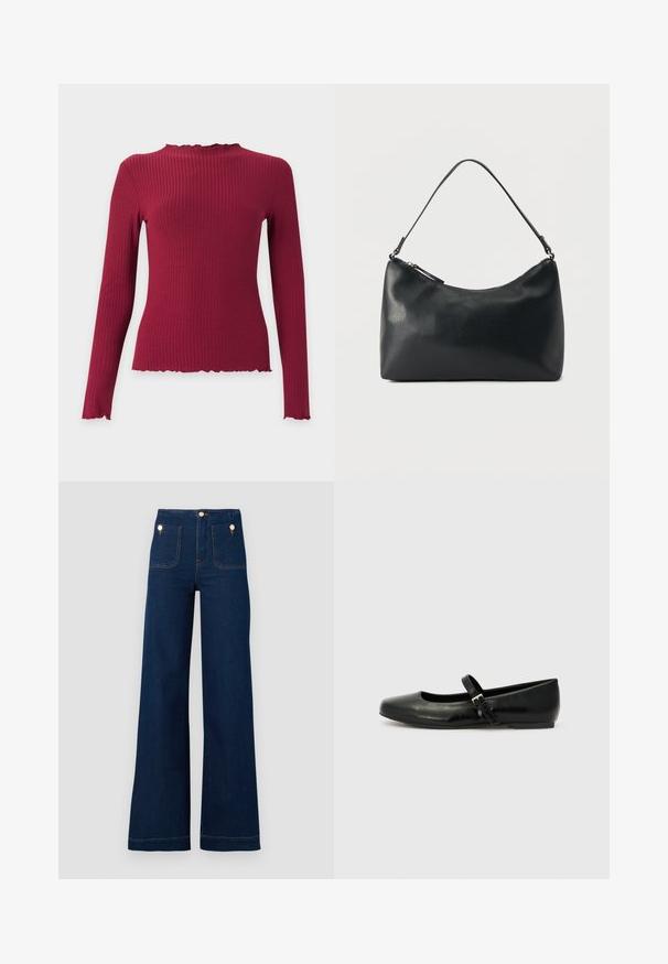 Top de punto canalé de manga larga en rojo oscuro con un alto cuello plisado y bordes plisados en los puños y el dobladillo.; Jeans de tiro alto de pierna ancha en azul oscuro, con detalles de botones dorados, dos bolsillos en la parte delantera y trasera y costuras en contraste. Tejido de mezclilla texturizado.; Bailarinas de cuero negro con punta redondeada, suela plana y una delgada correa ajustable en el empeine que cuenta con una hebilla de metal.; Bolso de hombro de cuero negro texturizado con cremallera curva en la parte superior y una sola correa ajustable sobre un fondo liso.