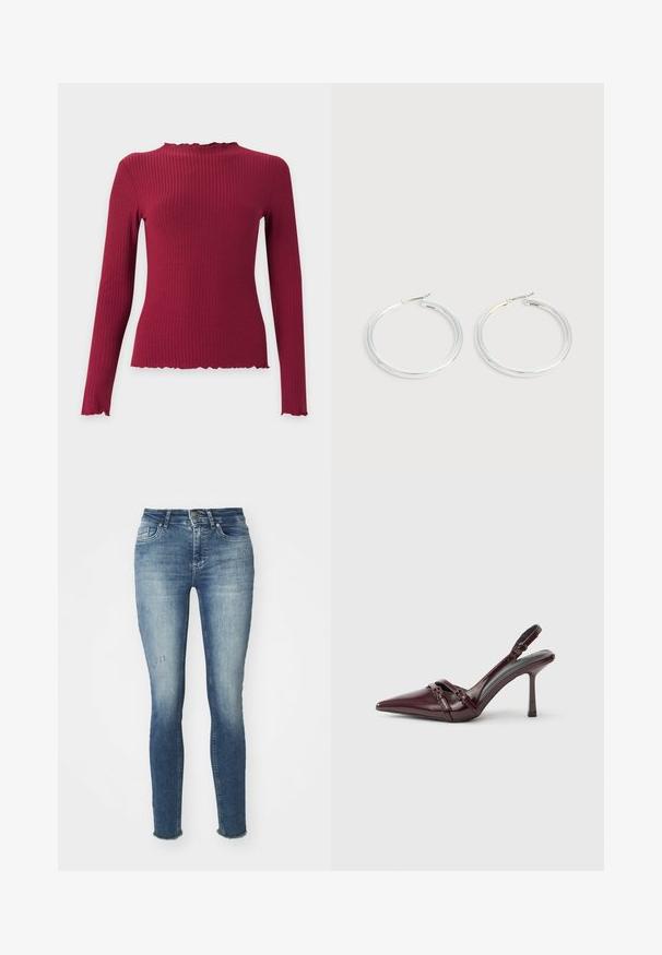 Langemouwen geribde gebreide top in donkerrood met een hoge gerimpelde halslijn en gerimpelde randen bij de manchetten en zoom.; Skinny blauwe jeans van denim, met een vervaagde wassing, lichte beschadigingen aan de voorkant en rafelige zomen bij de enkels.; Bordeauxrode lakleren slingback met puntige neus, dunne enkelband en kleine decoratieve gespsluiting. Gladde textuur en hoge hak.; Een paar glanzende zilveren oorringen met dunne draadafsluitingen, getoond op een lichtgrijze achtergrond.