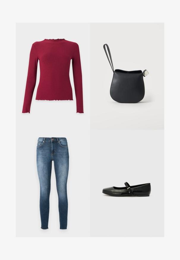 Haut à manches longues en maille côtelée rouge foncé avec un col montant à volants et des bords volantés aux poignets et à l’ourlet.; Jean skinny en denim bleu foncé. Caractéristiques : taille mi-haute, design à cinq poches et décoloration subtile. L'ourlet a une finition brut.; Ballerines en cuir noir avec un bout arrondi, une semelle plate et une fine sangle ajustable sur le cou-de-pied avec une boucle en métal.; Pochette en cuir noir pour poignet avec base arrondie et fermoir argenté sur fond blanc uni.