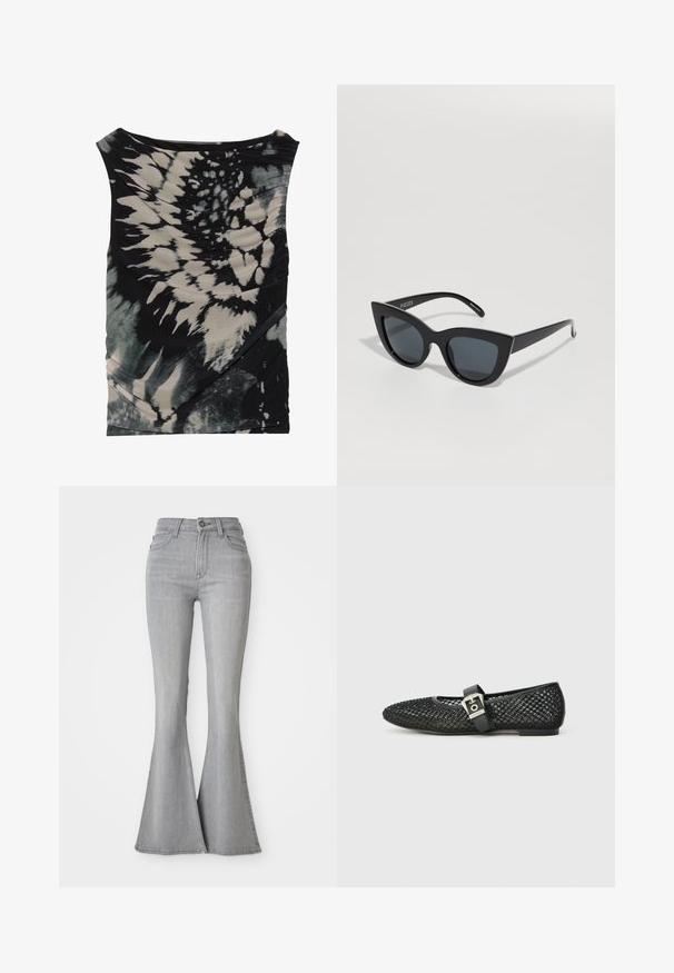Ærmeløs top i sort og creme med tie-dye-mønster, draperet halsudskæring og tekstureret stof, med diagonal ruching og varierende mønstre.; Højtaljede lysegrå denim jeans med flared ben, frontknap, lynlås og for- samt baglommer.; Sorte balletflade sko i mesh med spids tå, flad hæl og spænde over anklen; tekstureret overflade med et vævet mønster.; Sorte cat-eye solbriller med mørke linser, en glat plastikramme og vinklede kanter. Branding synlig på venstre tempel.