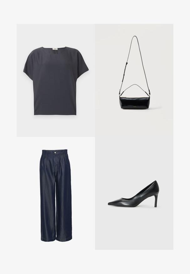Donkergrijze blouse met korte mouwen, ronde halslijn en losse pasvorm, plat gelegd op een lichte achtergrond.; Navyblauwe denim broeken met wijde pijpen en een hoge taille, met voorplooien en gouden stikselaccenten, een gladde textuur en een knoopsluiting.; Zwarte leren pump met spitse neus en een slanke hak, gladde textuur en geen zichtbare versieringen. Schoon ontwerp met een minimalistische esthetiek.; Zwarte rechthoekige leren crossbodytas met verstelbare schouderriem, bovenrits en klein gouden Calvin Klein-logo aan de voorkant.