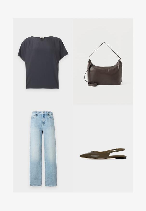 Dunkelgraue Kurzarmbluse mit rundem Ausschnitt und lockerem Schnitt, flach auf hellem Hintergrund liegend dargestellt.; Hellblaue Jeans im weit geschnittenen Stil mit einem klassischen Fünf-Taschen-Design, Knopfverschluss und subtilen Ausbleichungen für Textur.; Olivgrüner Slingback-Flachschuh mit spitzer Zehenpartie, niedrigem schwarzem Absatz und glattem, glänzendem Finish.; Braune Leder-Umhängetasche mit geschwungener Form, Reißverschluss und verstellbarem Riemen. Verfügt über ein dezentes, geprägtes Logo auf der Vorderseite.