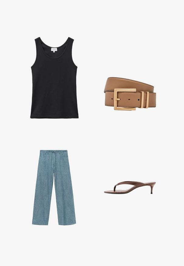 Schwarzes geripptes ärmelloses Tanktop mit rundem Ausschnitt und Markenlabel am hinteren Kragen, Größe klein.; Hellblaue gestreifte weit geschnittene Hose mit einem Kordelzugbund, ausgestattet mit zwei Fronttaschen und einem weichen, strukturierten Stoff.; Braune Ledersandale mit Riemchen, niedrigem Kittenabsatz und quadratischer Spitze, seitlich auf weißem Hintergrund gezeigt.; Brauner Ledergürtel mit rechteckiger goldener Schnalle und zwei goldenen Schlaufen, aufgerollt vor weißem Hintergrund.