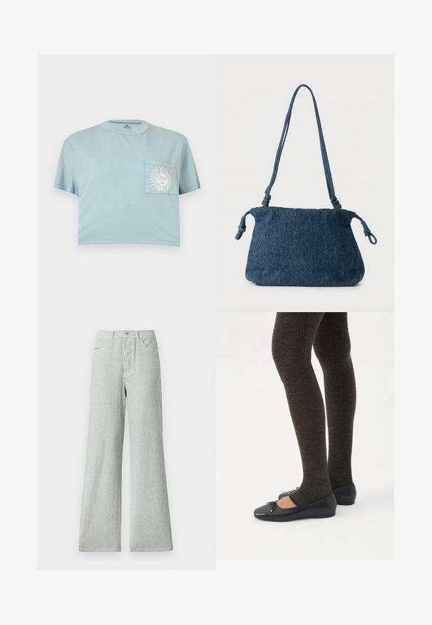 Lyseblå kort T-shirt med korte ærmer og en brystlomme med en hvid sol og ansigtsgrafik med teksten "VOLCOM".; Stribede bukser med vidde lavet af letvægtsstof, prydet med lodrette blå og hvide striber, højt liv og frontlommer.; Ben iført mørke ribbede leggings kombineret med sorte balletsko med små sløjfedetaljer på hvid baggrund.; Mørkeblå denim skuldertaske med knyttede stropender og en enkel rektangulær form mod en hvid baggrund.