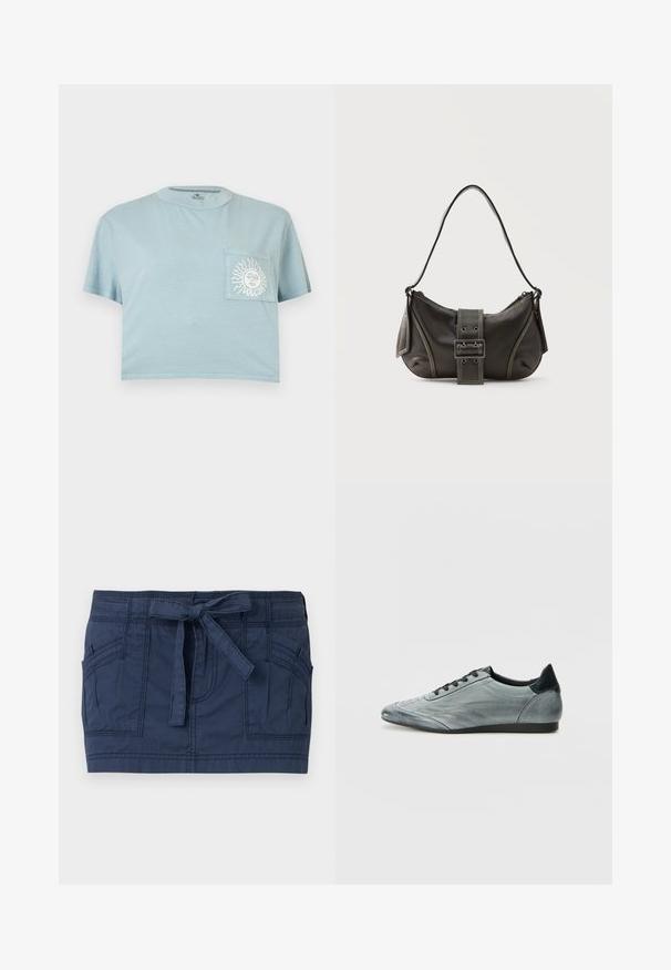 T-shirt bleu clair raccourci à manches courtes avec une poche poitrine ornée d'un graphique blanc représentant un soleil et un visage avec le texte "VOLCOM".; Mini-jupe bleu marine avec grandes poches avant et ceinture en tissu nouée à la taille, en coton texturé.; Baskets en cuir gris clair au design épuré, avec des détails cousus, des lacets noirs et un accent de talon foncé. Semelle en caoutchouc.; Sac à épaule en cuir noir avec une sangle à boucle, des bords arrondis et des coutures blanches contrastées sur un fond uni.