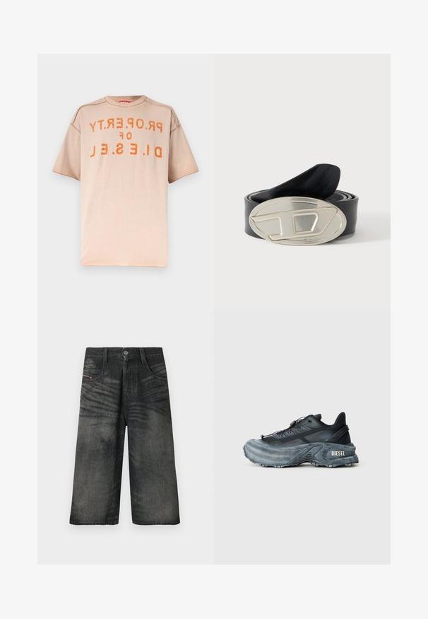 Beige T-shirt met korte mouwen en oranje verweerde tekst "PROPERTY OF DIESEL" die omgekeerd over de borst is gedrukt.; Zwarte wijd uitlopende denim shorts met knopen aan de voorkant, ritssluiting, riemlussen en vervaagde textuurdetails.; Zwarte en grijze Diesel sneakers met dikke zool, vetersluiting en gestructureerd ontwerp op een effen lichtgrijze achtergrond.; Zwarte opgerolde leren riem met een grote ovale zilveren gesp met een verhoogd abstract geometrisch ontwerp.