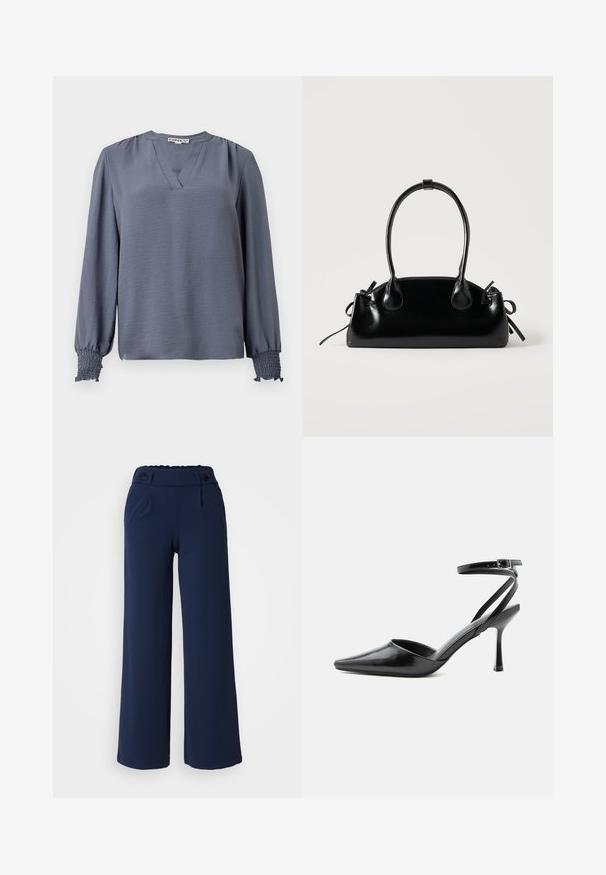 Lange mouwen, lichtblauw blouse met een V-hals, met geplooide accenten op de schouders en smockmanchetten voor textuur en detail.; Navy wijde pijpenbroeken van zachte stof; met platte voorkant, twee zijzakken en dubbele knoopsluiting in de taille.; Zwarte pumps met puntige neus, dunne enkelbandjes en een zilveren gesp op een effen lichte achtergrond.; Kleine zwarte glanzende handtas met twee lange hengsels en zijkant trekkoord details op een effen lichte achtergrond.