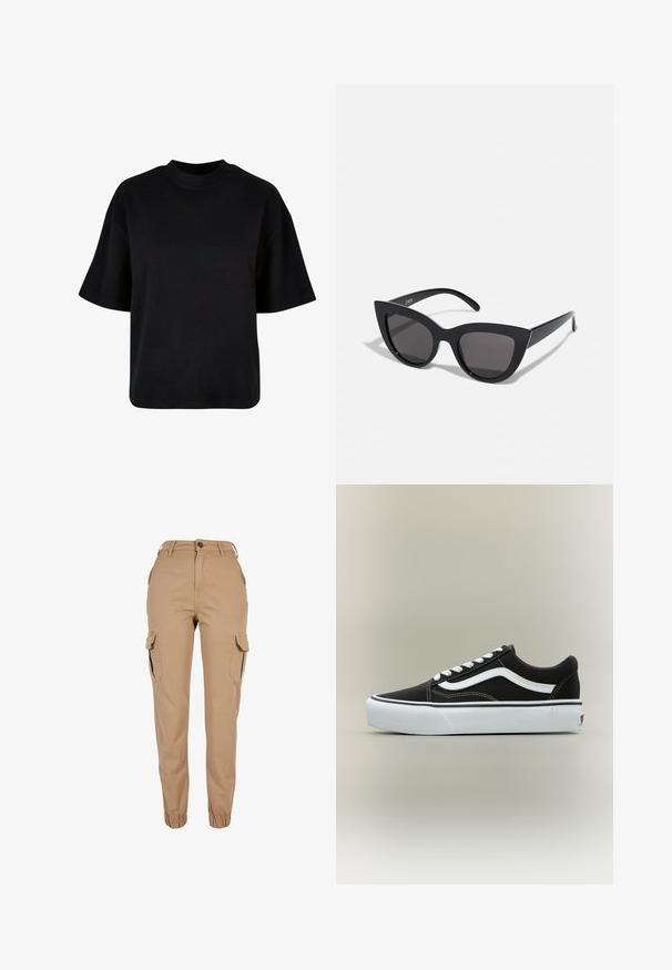 Sort bomulds t-shirt med høj hals, korte ærmer og en løs, boxy pasform uden synlige mønstre eller accenter.; Beige cargobukser med elastiske manchetter, frontknap- og lynlåslukning, bæltestropper, sidelommer med klap og et slim fit design.; Lavtop sort sneaker med hvid side stribe, hvide snørebånd, hvid gummisål og tekstureret tåhætte på neutral baggrund.; Sorte cat-eye solbriller med mat finish, der har grå tonede linser, skarpe vinkler og slanke sidearme. Mærkenavnet er synligt på den indre arm.
