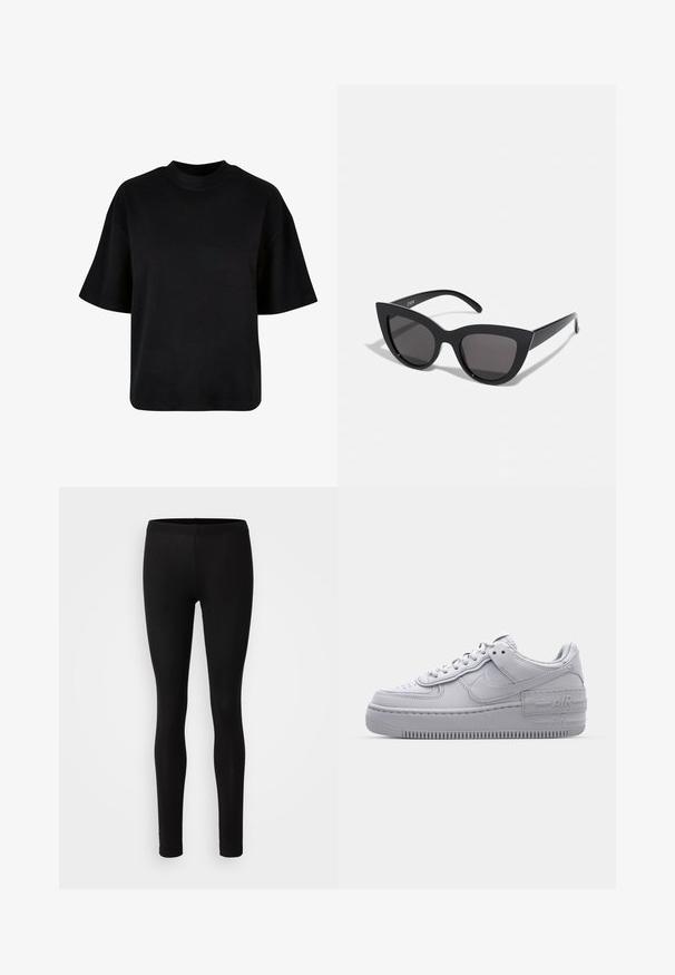 T-shirt en coton noir avec un col haut, des manches courtes et une coupe large et boxy, sans motifs ni accents visibles.; Leggings noirs en tissu doux et extensible. Ils ont une coupe ajustée avec une taille élastique et une texture lisse et mate.; Basket en cuir lisse gris Nike Air Force 1 avec un bout perforé, une semelle épaisse et un détail 'AIR' en relief sur le talon.; Lunettes de soleil noires en forme d'œil de chat avec une finition mate, dotées de verres teintés gris, d'angles aigus et de branches élégantes. Nom de la marque visible sur la branche intérieure.