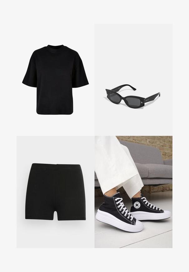 Sort bomulds t-shirt med høj hals, korte ærmer og en løs, boxy pasform uden synlige mønstre eller accenter.; Sorte bomulds shorts med et tætsiddende design og elastisk talje. Glat tekstur, længde til midt på låret, og uden synlige mønstre eller accenter.; Sorte sneakers med højt skaft, hvide gummisåler og snørebånd. Har en rund logo-patch og kontrasterende hvide syninger. Fremstillet af lærredsmateriale.; Sorte katteøje-solbriller med tykke rammer, grå linser og små dekorative metaldetaljer. Glat plastmateriale, vinkelret design.