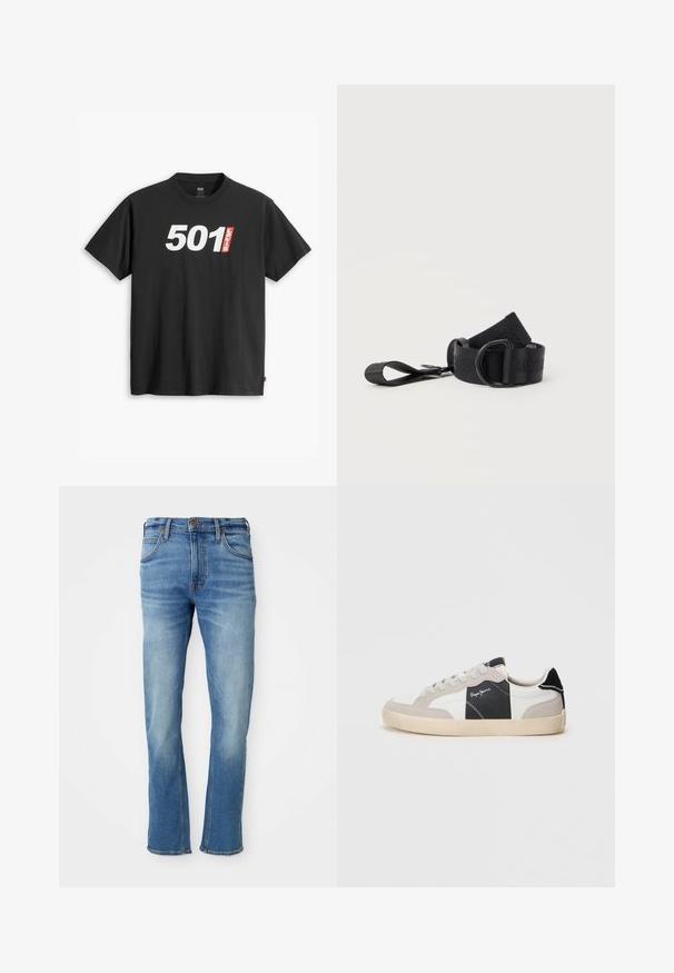 Musta puuvillainen t-paita, jossa on lyhyet hihat ja pyöreä pääntie. Paidassa on suuri valkoinen "501"-grafiikka ja punainen "Levi's"-merkki.; Vaaleansiniset farkut suoran leikkauksen omaavina, joissa on klassinen viiden taskun muotoilu, hienovarainen kuluminen ja erottuvat ompelusaumat.; Valkoiset ja harmaat matalat tennarit, joissa on mokkaa ja nahkaa. Varustettu mustilla yksityiskohdilla, valkoisella ompeleella ja kumipohjalla.; Musta säädettävä hihna, jossa D-renkaan solki ja silmukkainen pää, valmistettu kudotusta kankaasta, aseteltu kierrettynä valkoiselle taustalle.