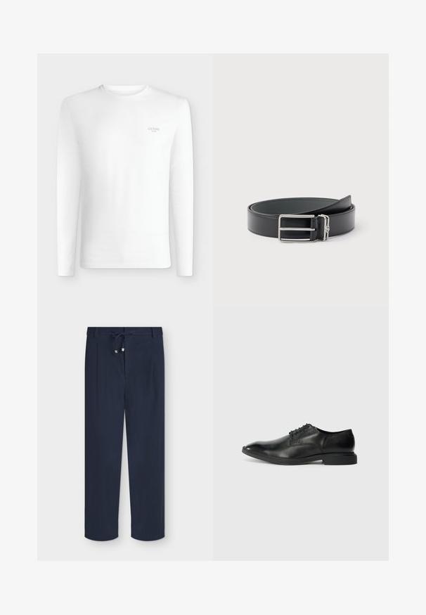T-shirt blanc à manches longues avec col rond et petit logo "GUESS Los Angeles" au niveau de la poitrine gauche.; Pantalon bleu marine à jambes droites avec taille à cordon et tissu texturé, posé à plat sur un fond clair.; Chaussure habillée en cuir noir avec une texture lisse, bout pointu, design à lacets à six œillets et un petit talon rectangulaire. Détail de marque subtil sur le côté.; Ceinture en cuir noir avec une boucle rectangulaire argentée et une petite boucle argentée attachée, enroulée sur un fond blanc.