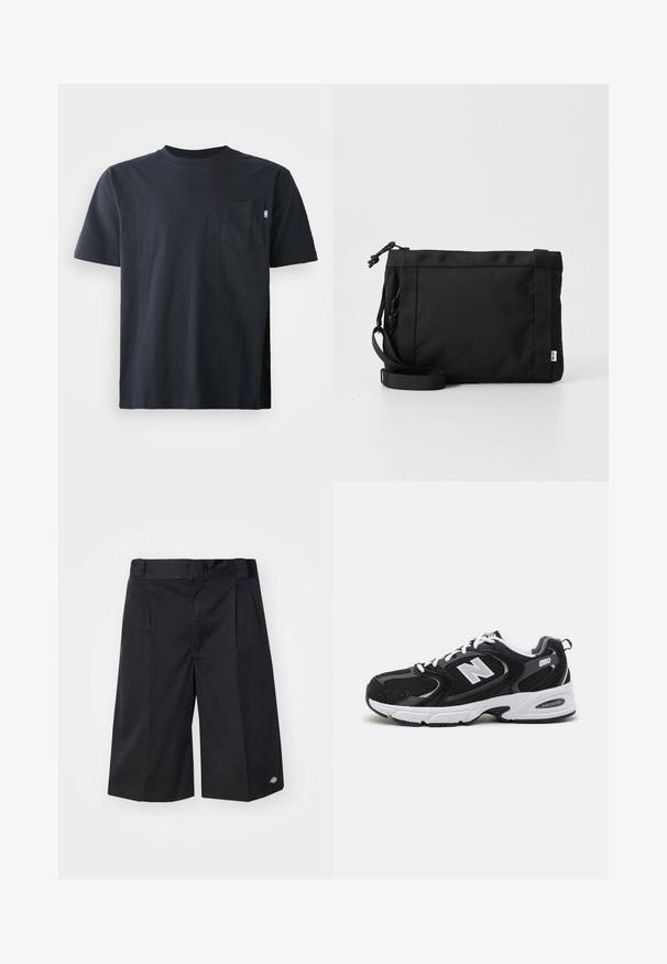 Mørkeblå bomulds T-shirt med rund halsudskæring og korte ærmer. Indeholder en enkelt brystlomme og lige kantdesign.; Sorte shorts med skræddersyet design, der har flade frontfolder, en standard talje og sidelommer. Fremstillet af robust stof.; Sorte og grå sportssko med mesh og ruskind på overdelen, der har en hvid mellemsål, snørebånd og et iøjnefaldende "N" logo på siden.; Sort stof skuldertaske med en struktureret overflade, justerbar rem og snørelukning. Har kraftige syninger og et sideetiket.