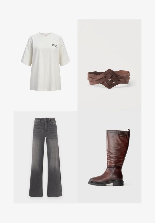 Camiseta blanca de manga corta oversize con cuello redondo y pequeño texto negro "THANK YOU" impreso tres veces en el pecho izquierdo.; Jeans de pierna ancha en denim gris con un acabado deslavado, diseño clásico de cinco bolsillos, cierre de botones y detalles de costuras en contraste.; Botas de cuero marrón hasta la rodilla con un diseño ligeramente caído, punta redonda y suela gruesa de goma negra texturizada. Presenta un parche con el logo.; Cinturón de cuero marrón con un diseño tejido e entrelazado, colocado plano sobre un fondo blanco.