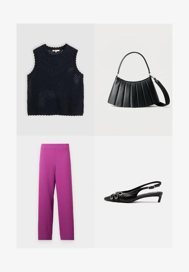 Sort strikket ærmeløs sweater vest med chevron- og mesh-mønstre, rund halsudskæring og scallopkanter.; Lilla wide-leg bukser lavet af blødt, strækbart stof. Har en høj talje og ingen synlig hardware eller mønstre.; Sort læder slingback sko med spids tå, tre sølvspænder på forsiden og lav lille hæl på hvid baggrund.; Sort plisseret læderhåndtaske med top håndtag og aftagelig skulderrem på en ensformet lys baggrund.