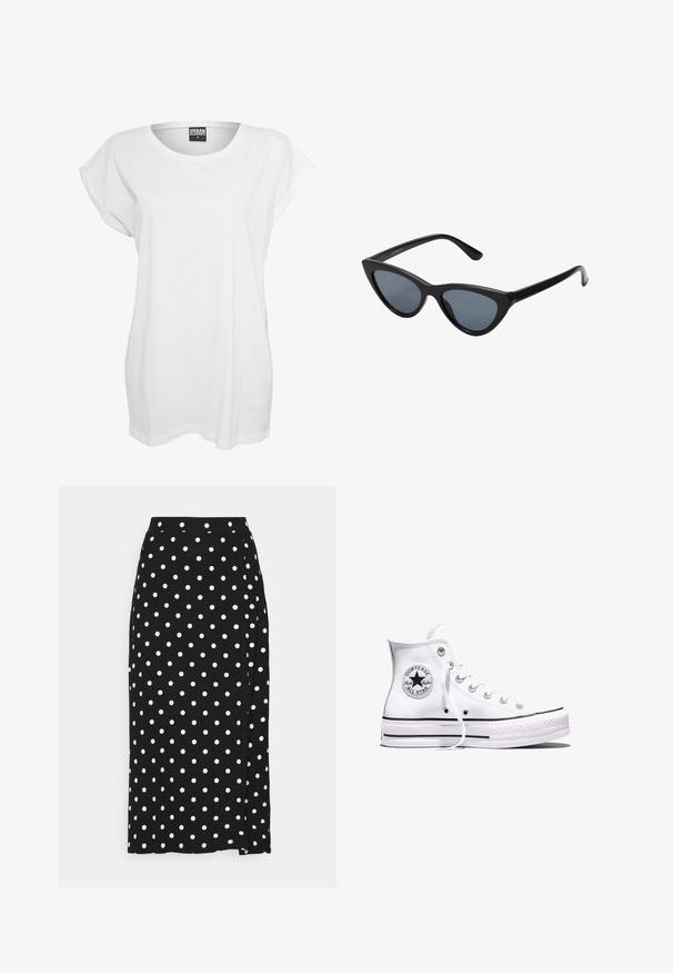 T-shirt blanc à manches courtes en coton, présentant une coupe décontractée, un large décolleté et un design minimaliste sans motifs ni accents.; Jupe noire à pois blancs, faite en tissu doux. Elle présente une coupe droite et une fente en bas pour plus de liberté de mouvement.; Baskets blanches montantes Converse Chuck Taylor All Star avec des rayures noires et un patch logo sur le côté, présentées sur un fond blanc uni.; Lunettes de soleil noires en forme d'œil de chat avec des verres gris foncé, monture en plastique élégante, coins pointus et branches droites. Pas de métal visible ni d'accents.