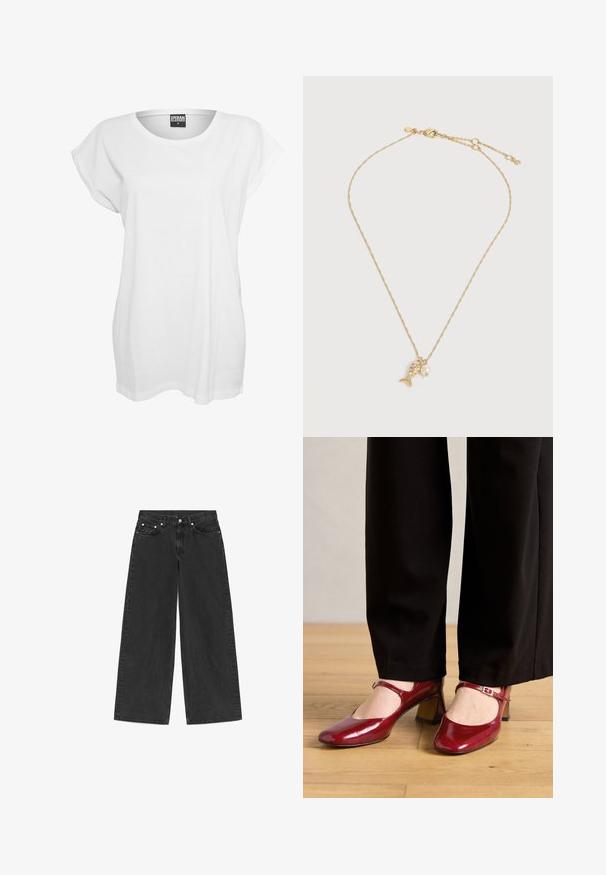 Hvid kortærmet t-shirt lavet af bomuld, med en afslappet pasform, bred halsudskæring og minimalistisk design uden mønstre eller accenter.; Sorte jeans med vide ben, fem lommer, knaplukning og bæltestropper, vist fladt på en hvid baggrund.; Røde patentlæder Mary Jane højhælede sko med firkantet tå, en rem over vristen og en lav blokhælt. Båret med sorte bukser.; Fin guldkæde med et fiskeformet vedhæng prydet med små krystaller og en enkelt hvid perle.