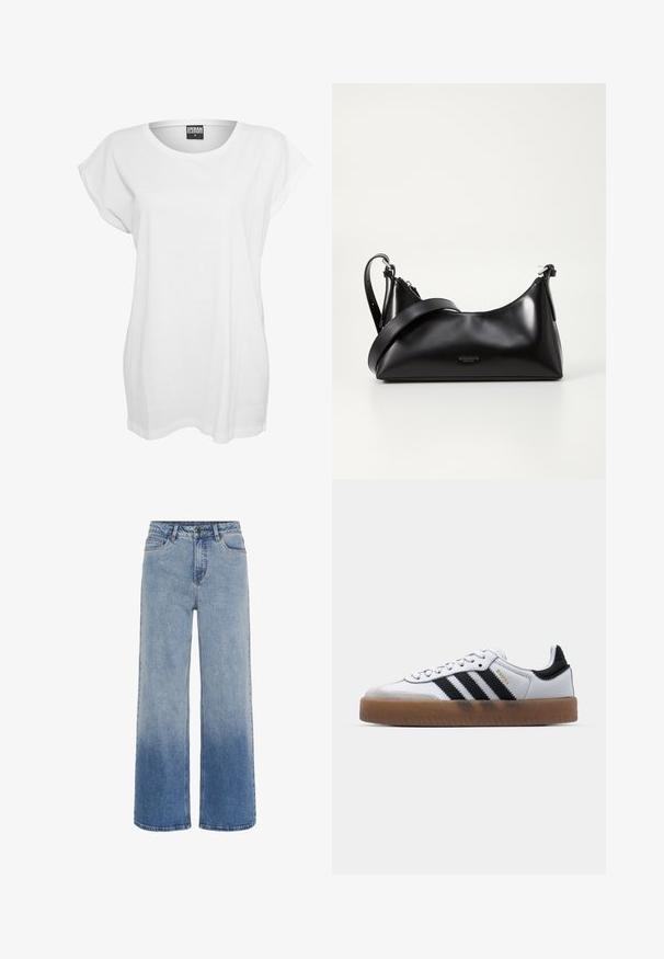 Witte kortomoto T-shirt van katoen, met een ontspannen pasvorm, wijde halslijn en een minimalistisch ontwerp zonder patronen of accenten.; Hoge taille blauwe denim jeans met wijde pijpen en een gradient vervaging van lichtblauw naar donkerblauw aan de onderkant.; Witte leren sneakers met zwarte strepen, gumrubberen buitenzool, ronde neus, vetersluiting en een zachte grijze suède neuskap.; Zwarte leren handtas met een gladde textuur. Beschikt over een verstelbare schouderband en een strak, minimalistisch ontwerp met een ritssluiting.
