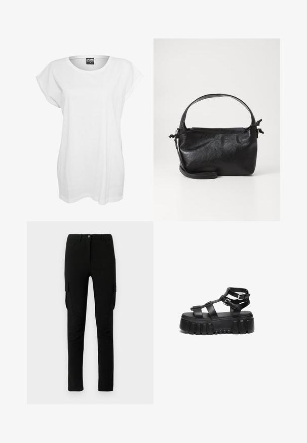Weißes T-Shirt mit kurzen Ärmeln aus Baumwolle, das einen lässigen Schnitt, einen weiten Ausschnitt und ein minimalistisches Design ohne Muster oder Akzente aufweist.; Schwarze Cargo-Hosen mit slim Fit, ausgestattet mit seitlichen Taschen, einem Knopfverschluss und einem glatten, leicht strukturierten Stoff.; Schwarze Plateausandalen verfügen über geschichtete Riemen und Schnallenakzente, mit einer klobigen, strukturierten Sohle und einem glatten Fußbett-Design.; Schwarze Lederhandtasche mit strukturiertem Design, rundem Haltegriff und abnehmbarem Schulterriemen. Sie weist eine glatte Oberfläche und einen subtilen Glanz auf.