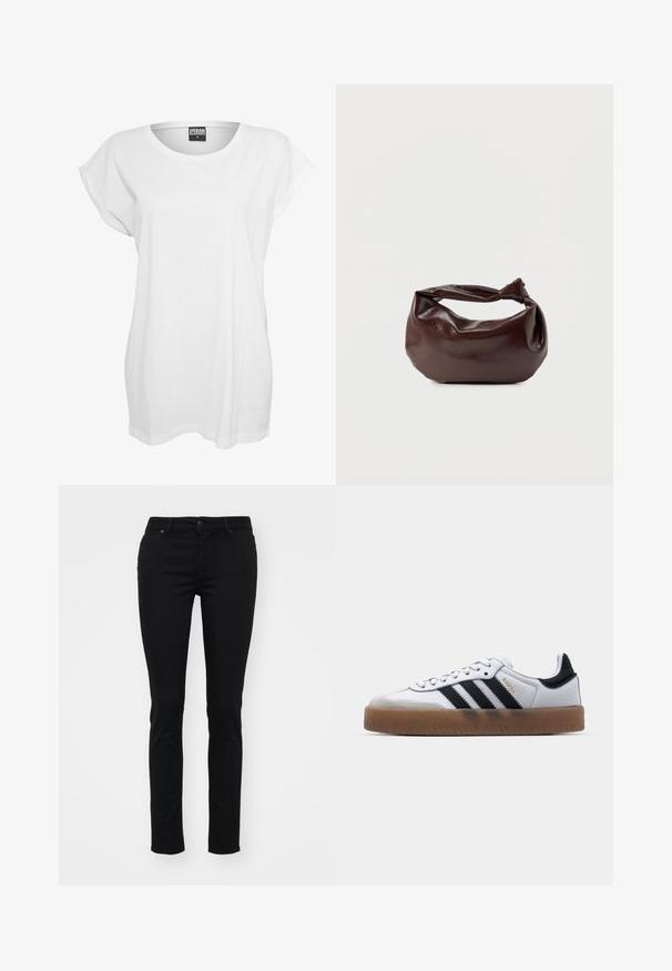 Biely krátky rukáv tričko vyrobené z bavlny, s voľným strihom, širokým výstrihom a minimalistickým dizajnom bez vzorov alebo akcentov.; Čierne slim fit rifle so zapínaním na gombíky a zips, predné vrecká a očká na opasok na jednoduchom pozadí.; Biele kožené tenisky s čiernymi pruhmi, gumová podrážka, okrúhla špička, šnurovanie a mäkký sivý semišový špička.; Tmavohnedá kožená kabelka cez rameno s mäkkým, voľným tvarom a držadlom v podobe skrúteného uzla na jednoduchom bielom pozadí.