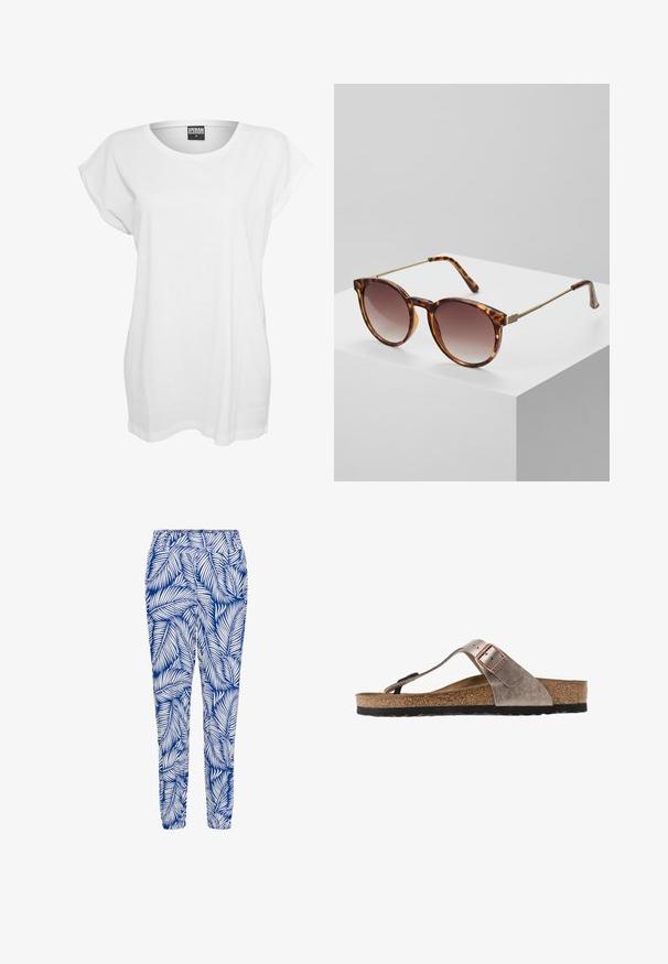 T-shirt blanc à manches courtes en coton, présentant une coupe décontractée, un large décolleté et un design minimaliste sans motifs ni accents.; Pantalon bleu et blanc à motif featuring un design de feuilles, taille élastique et bas resserrés, fabriqué dans un tissu léger et respirant.; Sandale en cuir brun avec une surface texturée, sangle réglable dotée d'une boucle en métal et semelle intérieure en liège rembourrée. Semelle extérieure noire.; Lunettes de soleil écaille de tortue avec verres dégradés et fins accents en métal doré. Dotées de montures arrondies et de branches élégantes pour un look moderne.