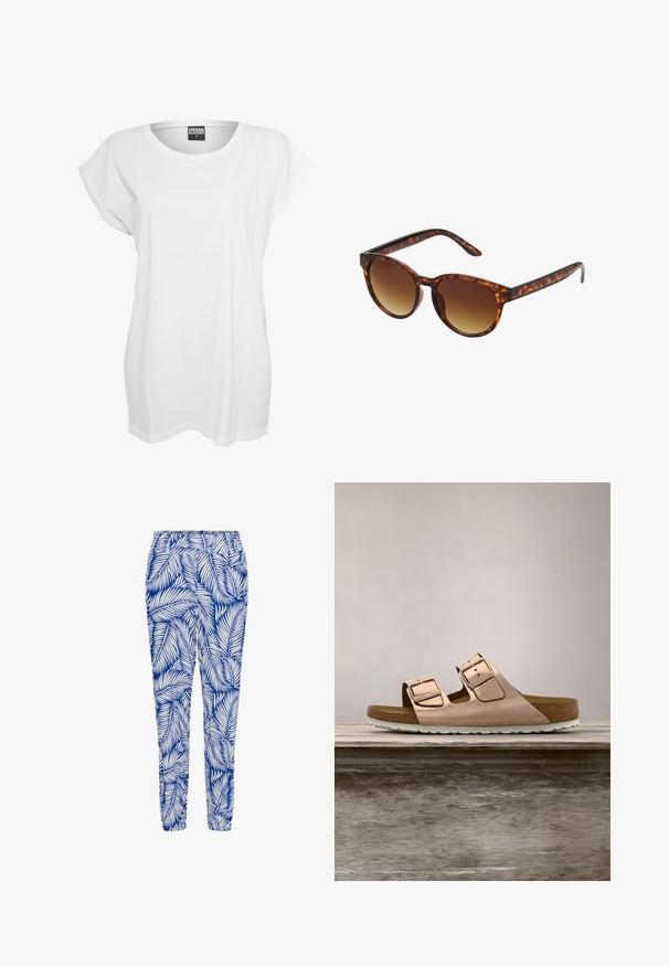 T-shirt blanc à manches courtes en coton, présentant une coupe décontractée, un large décolleté et un design minimaliste sans motifs ni accents.; Pantalon bleu et blanc à motif featuring un design de feuilles, taille élastique et bas resserrés, fabriqué dans un tissu léger et respirant.; Sandales à glissière en or rose avec deux boucles en métal ajustables, semelle en liège et semelle en caoutchouc blanche. Fini métallique lisse, design ouvert. ; Lunettes de soleil écaille de tortue avec une forme vintage œil de chat, verres dégradés marron et finition lisse et brillante sur les montures et les branches.